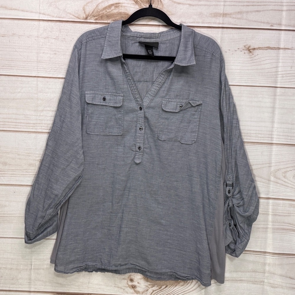 Lane Bryant Popover Blouse Womens 26/28 Gray Roll Tab Sleeve Knit Side Panels